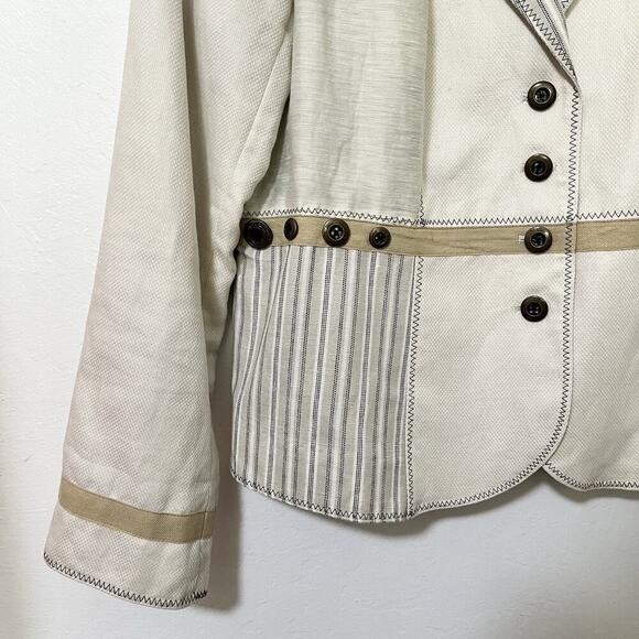 Coldwater Creek Linen Blend Mixed Media Blazer Size 16 Ivory Artsy‎ Coastal - Picture 3 of 10